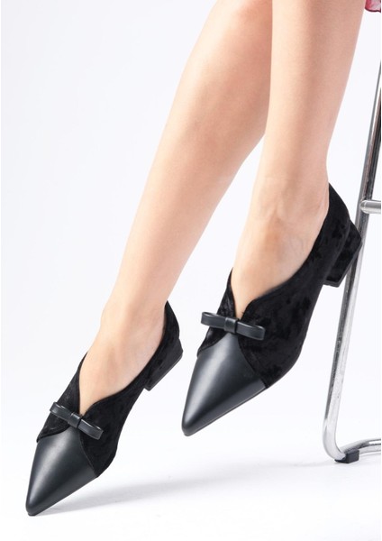 Sabine Siyah Renk Kadife Sivri Burunlu Kadın Kısa Topuklu Ayakkabı