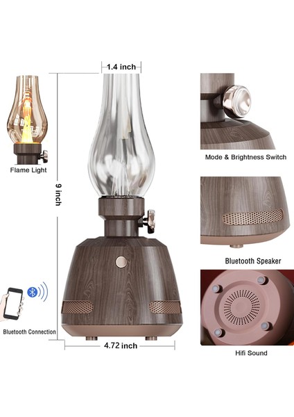 Retro Gaz Lambası Görünümlü Taşınabilir Bluetooth Hoparlör Yağ Lambası Speaker Ayarlanabilir Ses Seviyesi Tatilde Kampta Ofiste Dekoratif Ses Sistemi 20CM x 10CM C-220