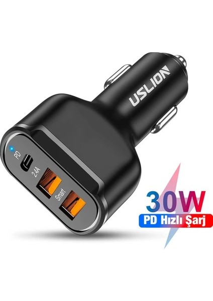 Uslion 30W 2 USB + Type-C Girişli Qc3.0 Hızlı Araç Çakmaklık Şarjı