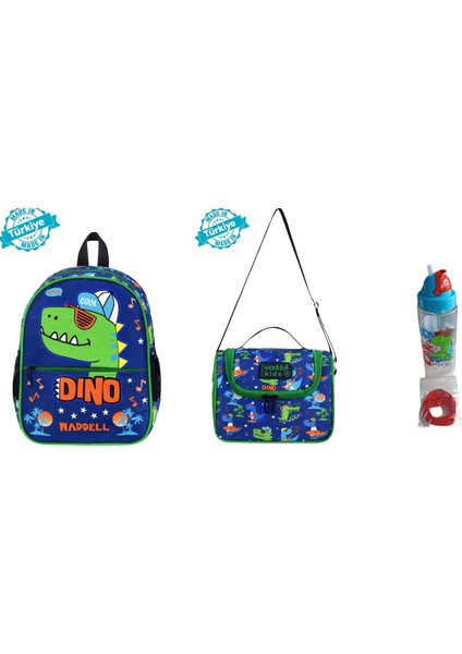 Lacivert Dino Desenli Anaokulu Kreş Sırt Çantası Seti