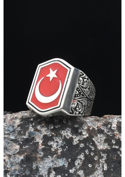 Gümüş Ay Yıldızlı Mineli 925 Ayar Gümüş Erkek Yüzüğü 901032