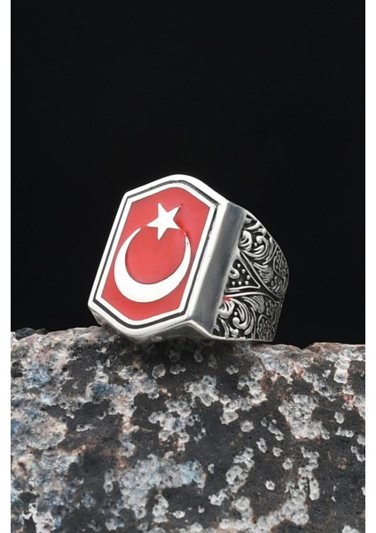 Gümüş Ay Yıldızlı Mineli 925 Ayar Gümüş Erkek Yüzüğü 901032 fiyatları