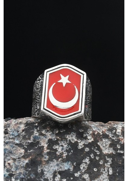 Gümüş Ay Yıldızlı Mineli 925 Ayar Gümüş Erkek Yüzüğü 901032 modelleri