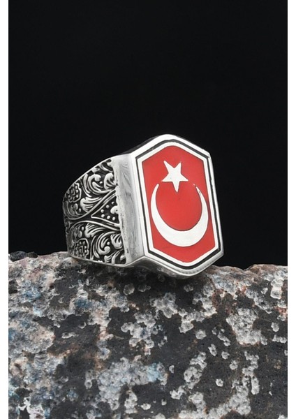Gümüş Ay Yıldızlı Mineli 925 Ayar Gümüş Erkek Yüzüğü 901032 fırsatları