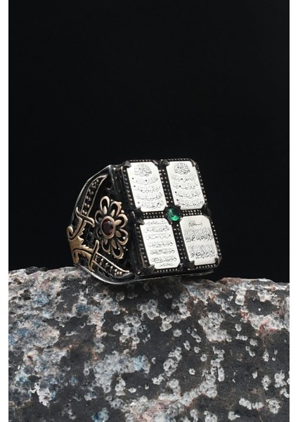 Gümüş Nas ve Felak ve Ihlas Sureleri 925 Ayar Gümüş Erkek Yüzüğü Tuğralı Özel Tasarım indirimleri