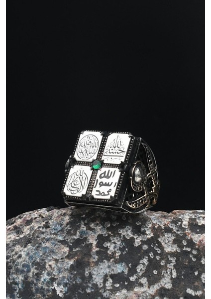 Gümüş Hasbiyallah ve Mührü Şerif ve La Galibe Illallah ve Maşallah Yazlı Gümüş Erkek Yüzüğü modelleri