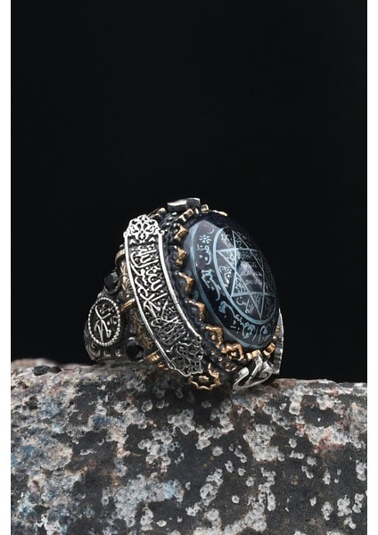 Gümüş Hz. Süleyman Mührü Gümüş Erkek Yüzüğü Allah ve Muhammed ve Kelime-I Tevhid Yazlı