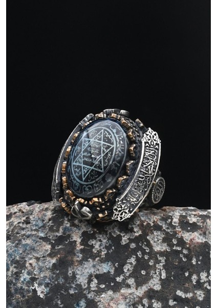 Gümüş Hz. Süleyman Mührü Gümüş Erkek Yüzüğü Allah ve Muhammed ve Kelime-I Tevhid Yazlı fiyatları