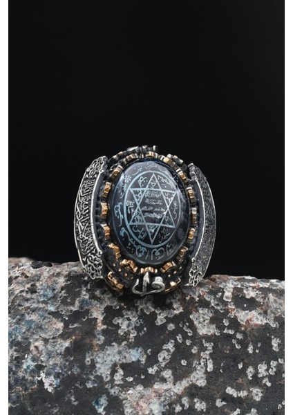 Gümüş Hz. Süleyman Mührü Gümüş Erkek Yüzüğü Allah ve Muhammed ve Kelime-I Tevhid Yazlı modelleri