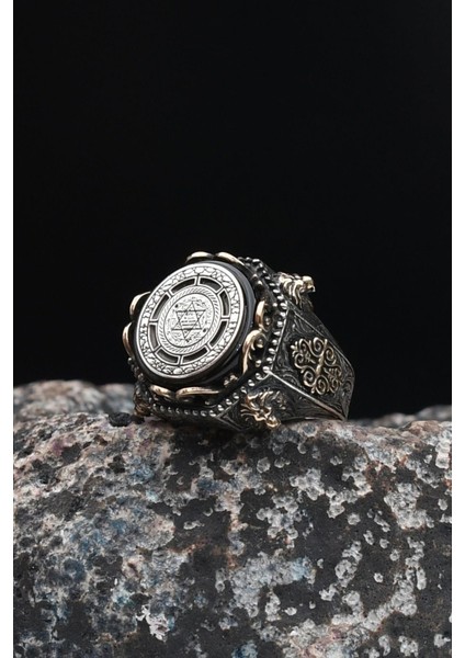 Gümüş Özel Tasarım Hz. Süleyman Mührü Sıkma Kehribar Taşlı Aslan Figürlü 925 Ayar Gümüş Erkek Yüzüğü