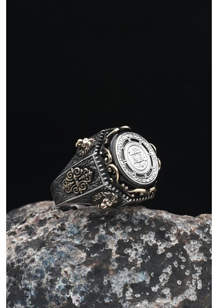 Gümüş Özel Tasarım Hz. Süleyman Mührü Sıkma Kehribar Taşlı Aslan Figürlü 925 Ayar Gümüş Erkek Yüzüğü modelleri