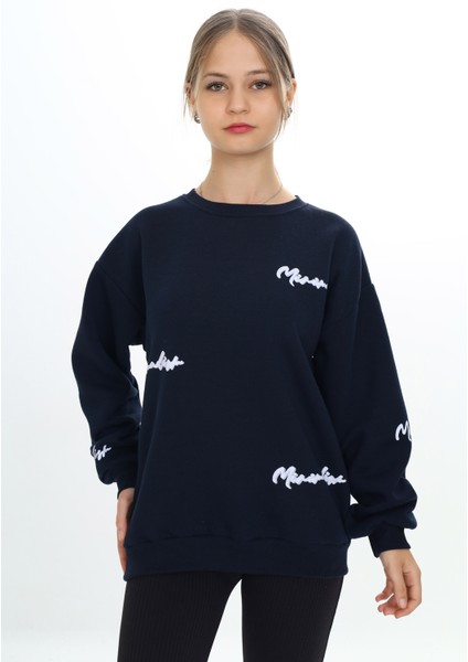 ATB-502872-3 Minimalist Baskılı Bisiklet Yaka 3 Iplik Sweatshirt