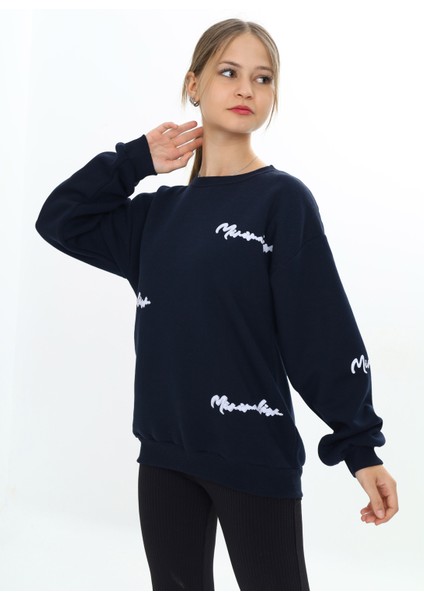 ATB-502872-3 Minimalist Baskılı Bisiklet Yaka 3 Iplik Sweatshirt