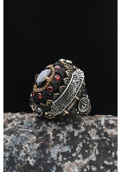 Gümüş Özel Tasarım Sıkma Kehribar ve Siyah Zirkon Taşlı Gümüş Erkek Yüzüğü Allah ve Muhammed ve Kelime-I Tevhid Yazlı