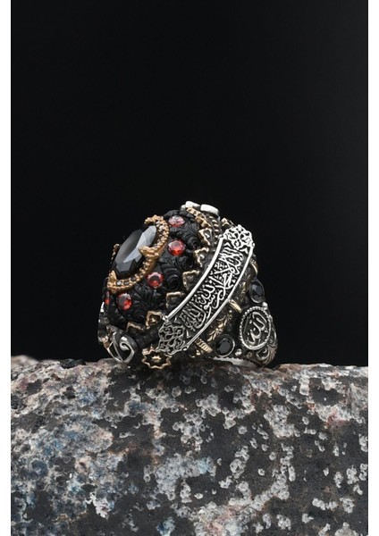 Gümüş Özel Tasarım Sıkma Kehribar ve Siyah Zirkon Taşlı Gümüş Erkek Yüzüğü Allah ve Muhammed ve Kelime-I Tevhid Yazlı fiyatları