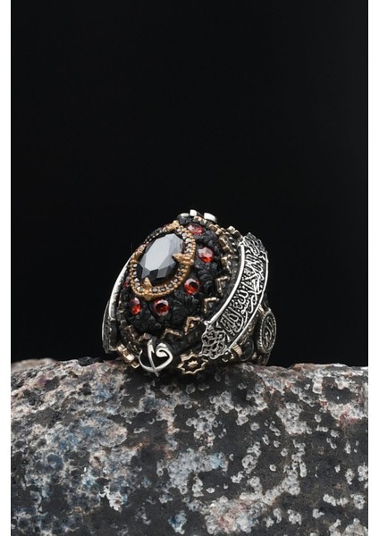 Gümüş Özel Tasarım Sıkma Kehribar ve Siyah Zirkon Taşlı Gümüş Erkek Yüzüğü Allah ve Muhammed ve Kelime-I Tevhid Yazlı modelleri