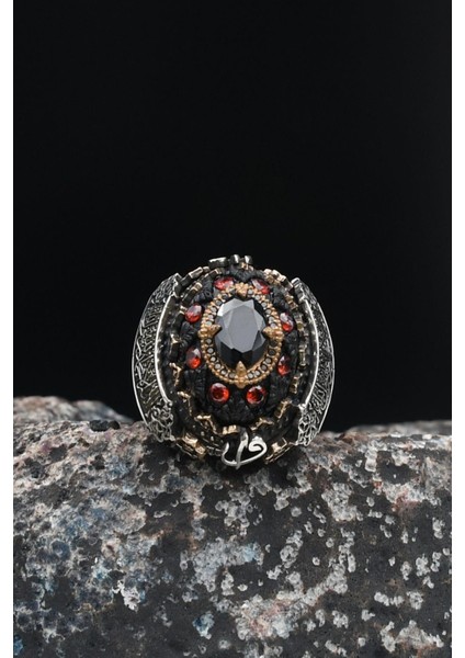 Gümüş Özel Tasarım Sıkma Kehribar ve Siyah Zirkon Taşlı Gümüş Erkek Yüzüğü Allah ve Muhammed ve Kelime-I Tevhid Yazlı indirimleri