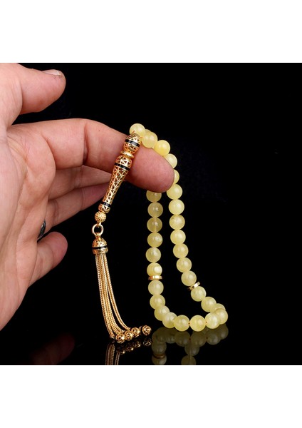 Altın Kaplama Gümüş Set Püsküllü Damla Kehribar Tesbih