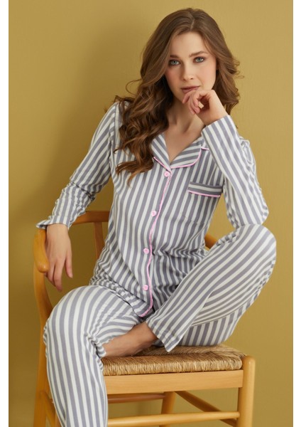 Kadın Gömlek Yaka Önden Düğmeli Saten Biyeli Göğüs Cepli Süet Kışlık Uzun Kol Pijama Takımı