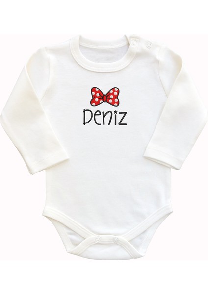 Organik Pamuk Isim ve Minnie Papyon Nakışlı Bebek Body Zıbın