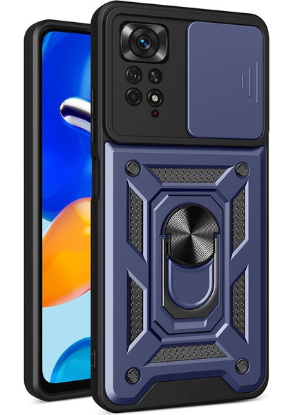 Xiaomi Redmi Note 11S Kılıf Yüzüklü Sürgülü Kamera Korumalı Pars + Ekran Koruyucu