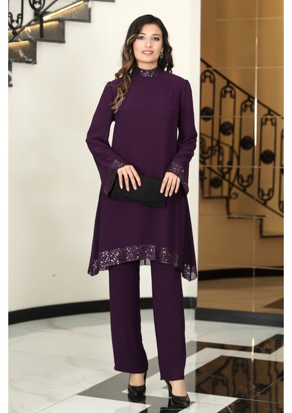 Umay Tunik & Pantolon Ikili Abiye Şifon Takım modelleri
