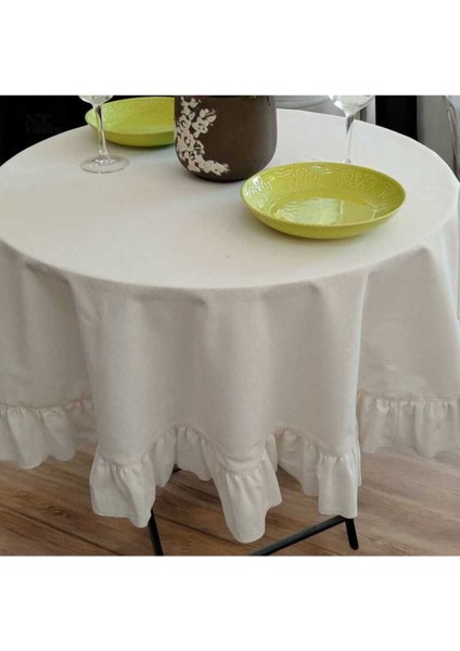 Ham Keten Krem Fırfırlı Yuvarlak Masa Örtüsü fiyatları
