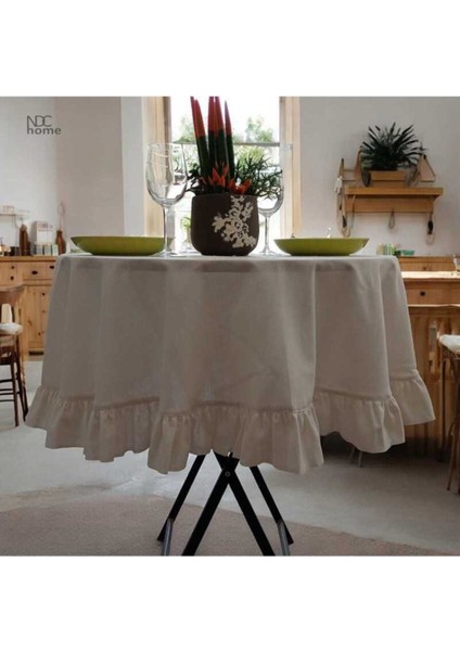 Ham Keten Krem Fırfırlı Yuvarlak Masa Örtüsü modelleri