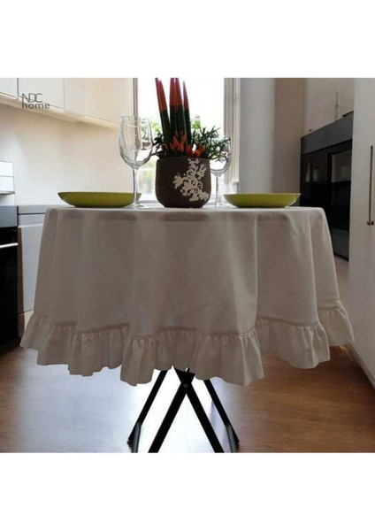 Ham Keten Krem Fırfırlı Yuvarlak Masa Örtüsü fırsatları