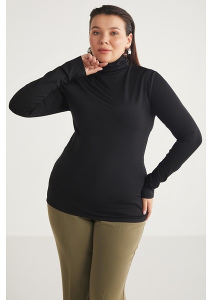 Emerybb Kadın Vücuda Tamamen Oturan Viskon Elastan Karışımlı Boğazlı Siyah Büyük Beden Bluz fiyatları