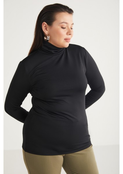 Emerybb Kadın Vücuda Tamamen Oturan Viskon Elastan Karışımlı Boğazlı Siyah Büyük Beden Bluz fırsatları