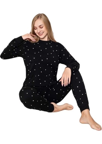 Siyah Beyaz Puantiye Bisiklet Yaka Bilek Manşet/lastikli 2 Iplik Cepli Kışlık Pijama Takımı Homewear