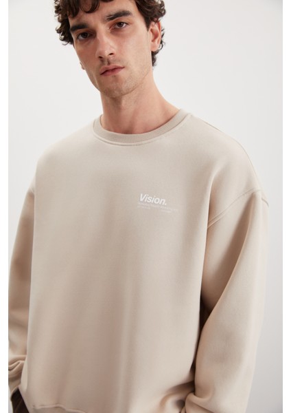 Ernest Erkek Yumuşacık Içi Polarlı Baskı Detaylı Organik Pamuk Oversize Vizon Sweatshirt