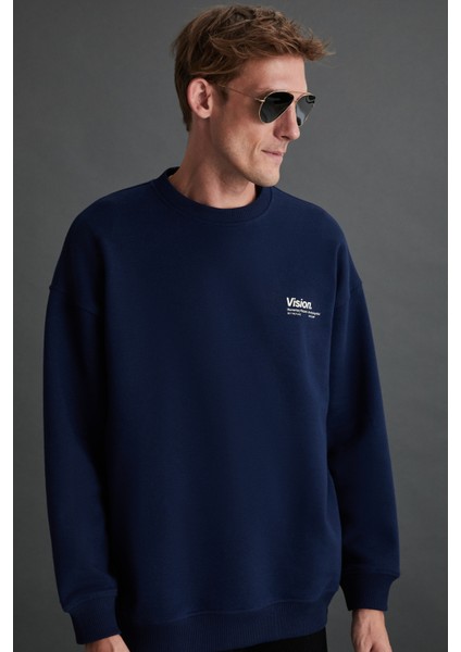 Ernest Erkek Yumuşacık Içi Polarlı Baskı Detaylı Organik Pamuk Oversize Lacivert Sweatshirt