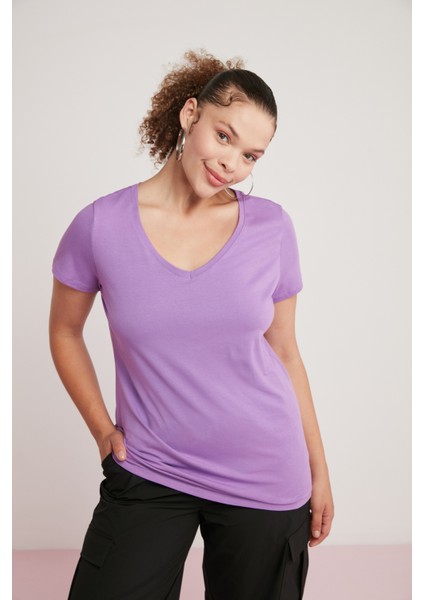 Loren Kadın Pamuk Elastanlı Regular Fit V Yaka Yarım Kollu Mor Büyük Beden Body