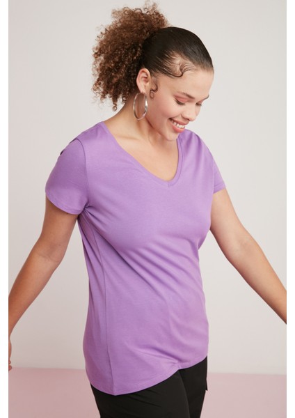 Loren Kadın Pamuk Elastanlı Regular Fit V Yaka Yarım Kollu Mor Büyük Beden Body fiyatları