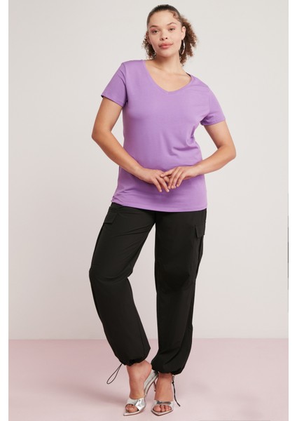 Loren Kadın Pamuk Elastanlı Regular Fit V Yaka Yarım Kollu Mor Büyük Beden Body modelleri