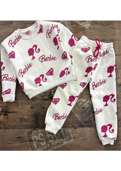 Özel Tasarım Barbie Dıamond Baskılı Şardonlu Kışlık Şık Kız Çocuk Eşofman Takımı
