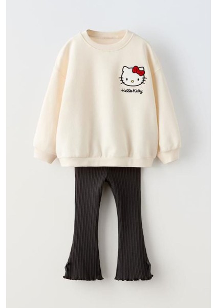 Hello Kty Panç Işleme ,paça Fiyonk Detaylı Kız çocuk takım Kremsiyah
