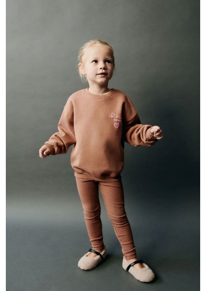 Love Kabartma Baskılı Taytlı Kız çocuk takım - Kahverengi