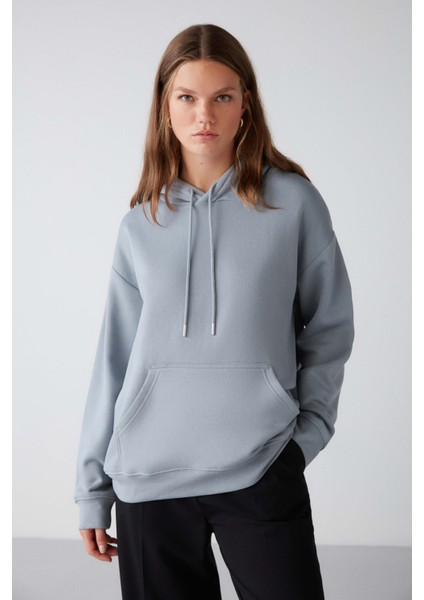 Adel Relaxed Fit Örme Kanguru Cepli Kapüşonlu Mavi Sweatshirt