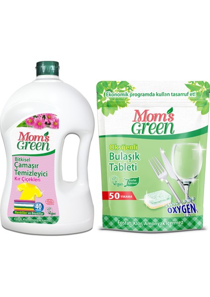 Mom's Green 2'li Set-50 Yıkama Bulaşık Tableti ve 1500 ml Bitkisel Çamaşır Temizleyici Kır Çiçekleri