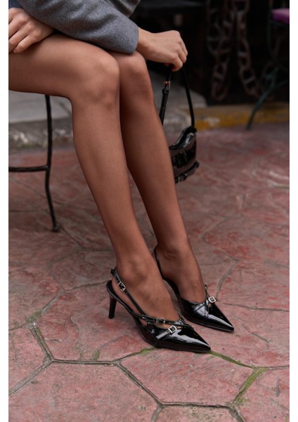 Siyah Rugan Ayakkabı Kemer Detay Bilek Bağlı Kadın Topuklu Ayakkabı indirimleri