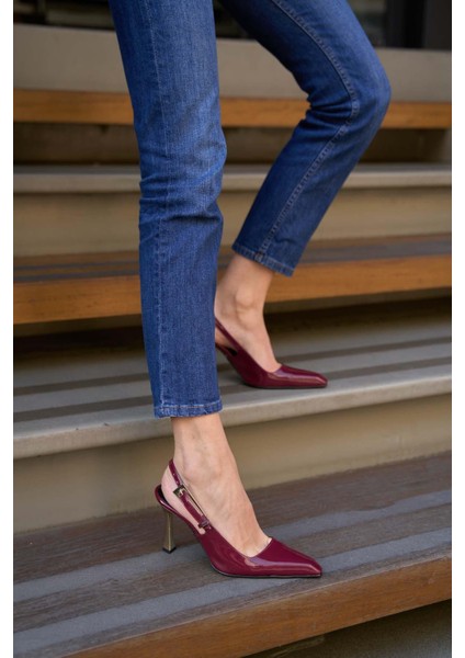 Bordo Rugan Kadın Arkası Açık Topuklu Ayakkabı