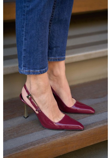 Bordo Rugan Kadın Arkası Açık Topuklu Ayakkabı fiyatları