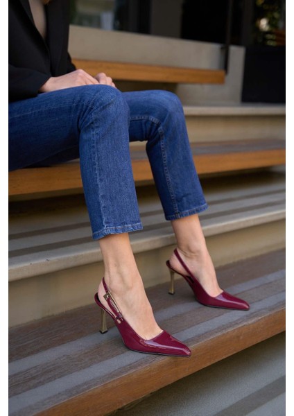 Bordo Rugan Kadın Arkası Açık Topuklu Ayakkabı modelleri