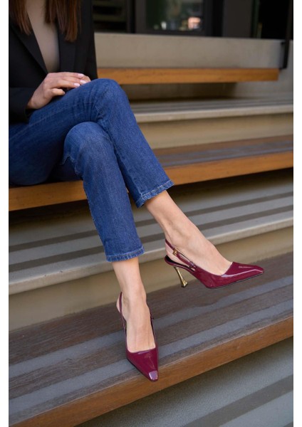 Bordo Rugan Kadın Arkası Açık Topuklu Ayakkabı fırsatları