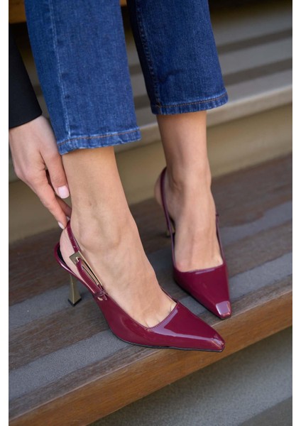 Bordo Rugan Kadın Arkası Açık Topuklu Ayakkabı indirimleri