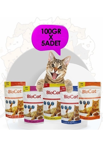 Karışık Soslu Kedi Yaş Maması Kedi Pounch 100 gr x 5 Adet