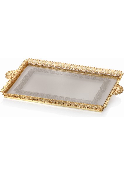 Zarafet Altın Kaplama 34x70 cm Camlı Trabzon El İşçiliği Dikdörtgen Telkari Tepsi 9-03010081